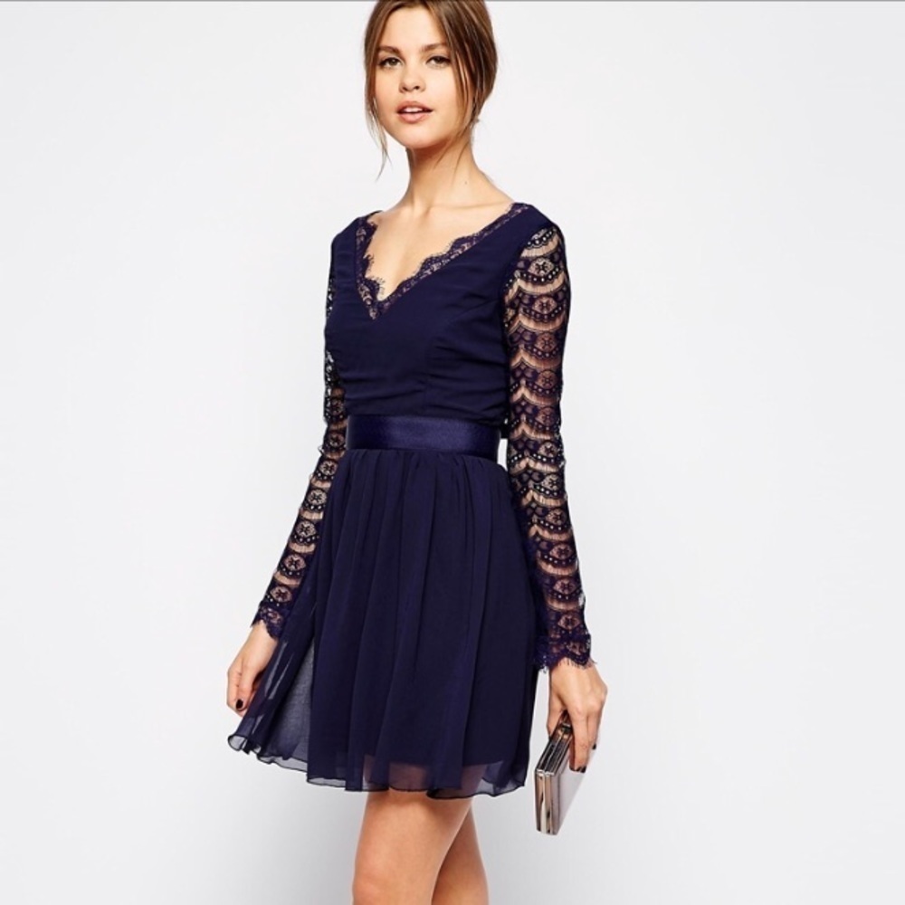 Elise Ryan Lace long Sleeve Mini Cocktail Dress Navy Blue sz Small